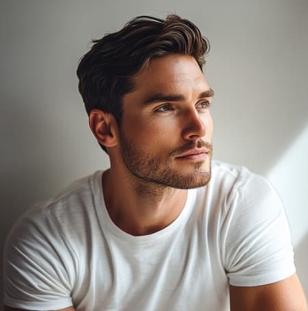 A man with a short beard in a white T-shirt, gazing thoughtfully into soft window light.